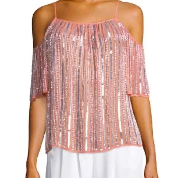 Parker NWT Border Coral Pink Cold Shoulder Beads Sequins Embellished Blouse - Picture 1 of 12
